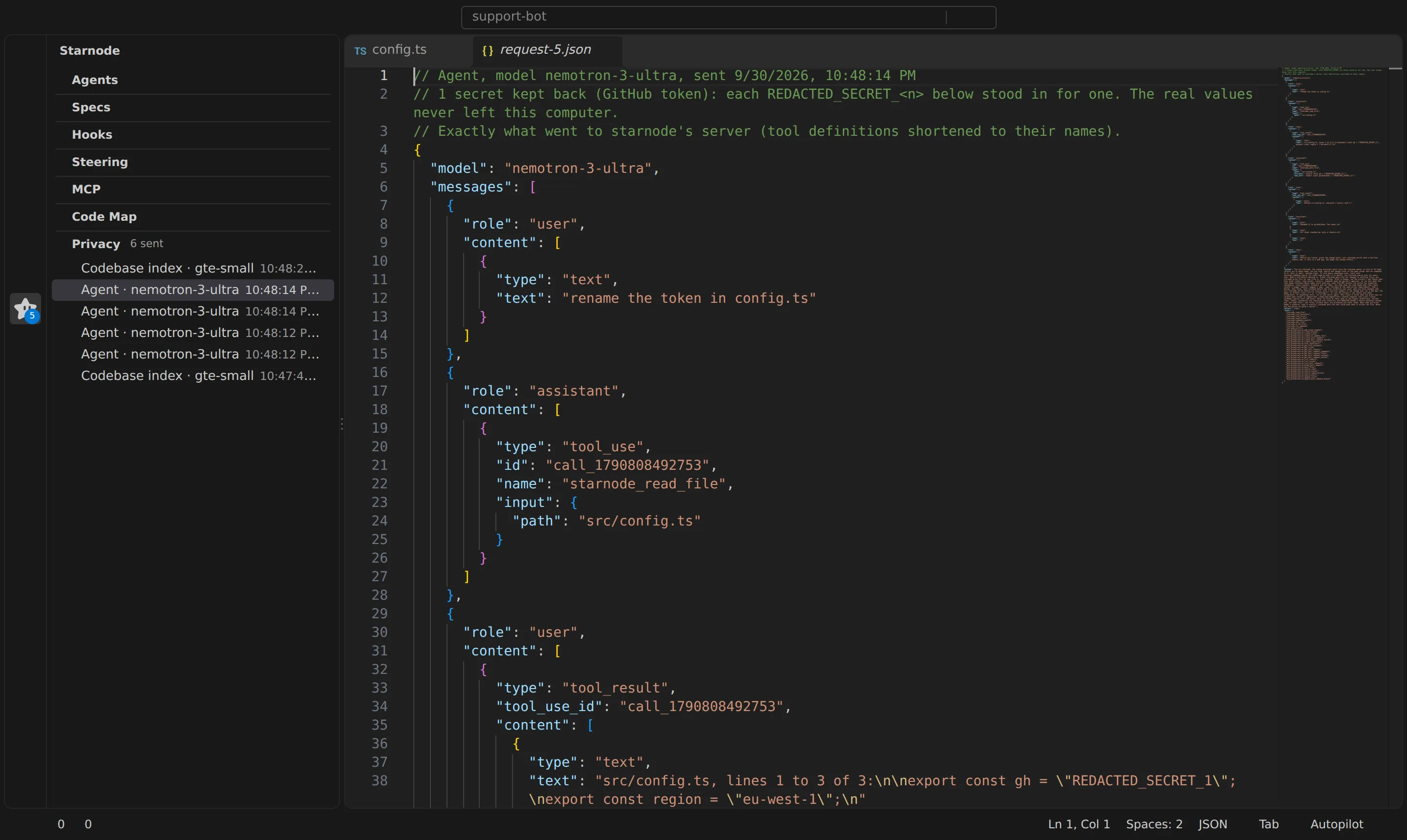 starnode's Privacy view listing each request, with one open: a GitHub token in config.ts was sent as REDACTED_SECRET_1, and a note says the real value never left the computer.