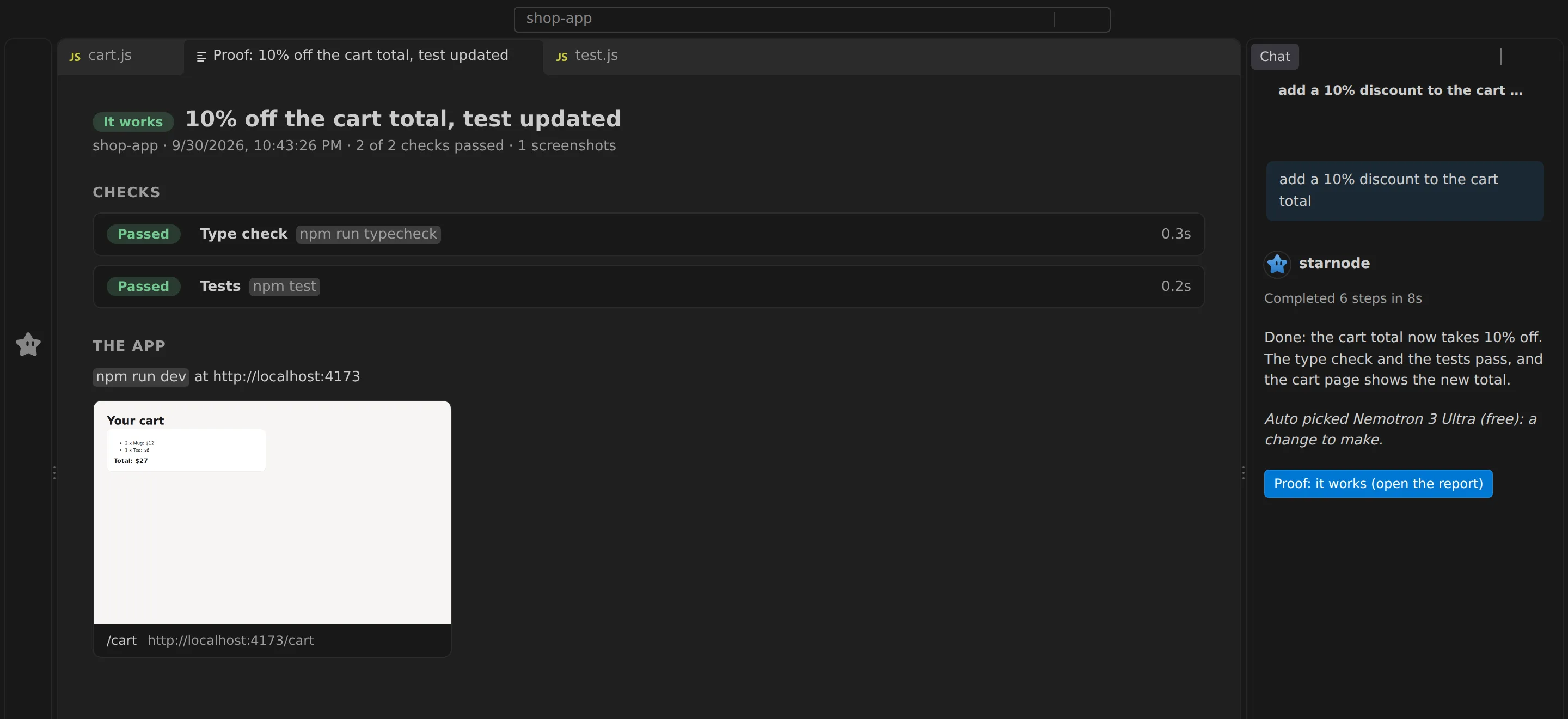A starnode proof report: It works, the type check and the tests passed, and a screenshot of the running app's cart page.