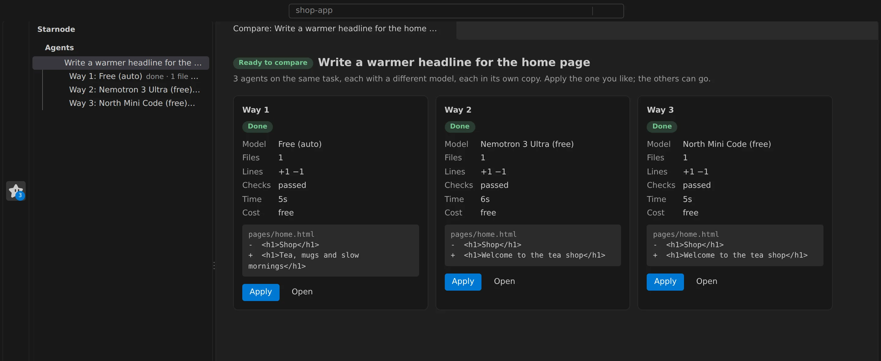 starnode comparing three agents that each rewrote the home page headline with a different model, each done, checks passed, free, with an Apply button.
